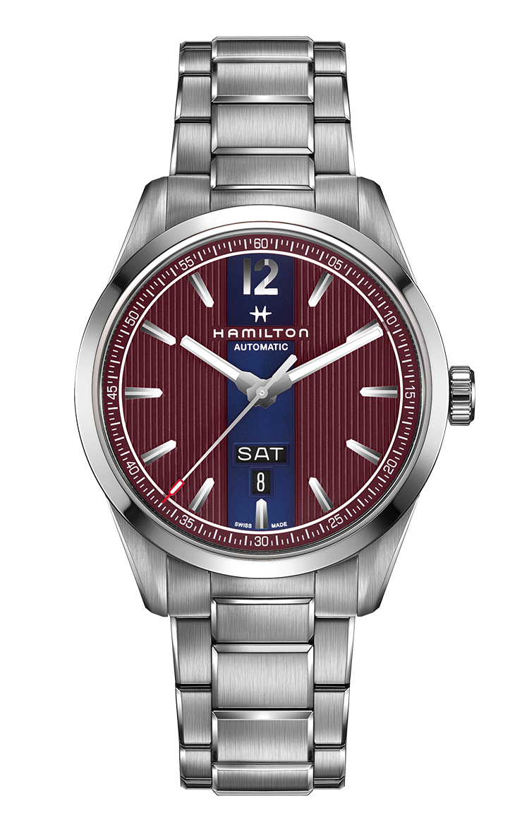Hamilton Broadway Auto Chrono / orologio uomo / quadrante bordeaux con  dettagli blu / cassa e bracciale acciaio