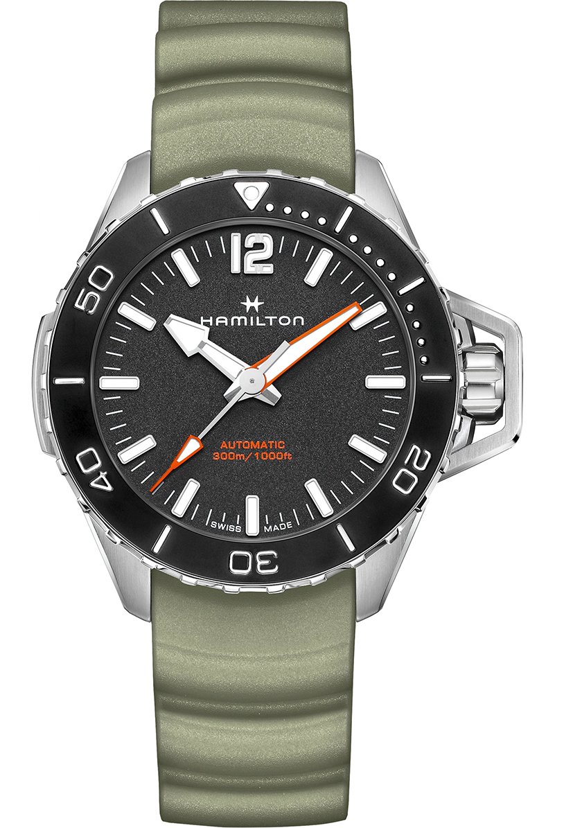 Hamilton Khaky Navy Frogman Auto / orologio uomo / quadrante nero / cassa  acciaio / cinturino caucciù verde