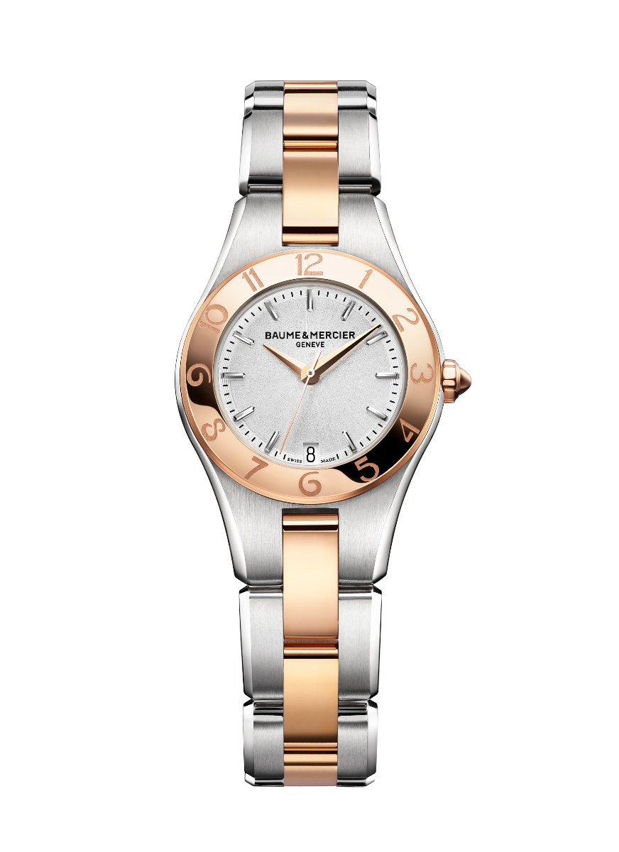 Baume \u0026 Mercier Linea / orologio donna / quadrante madreperla con finitura  a chiocciola e diamanti / cassa e bracciale acciaio