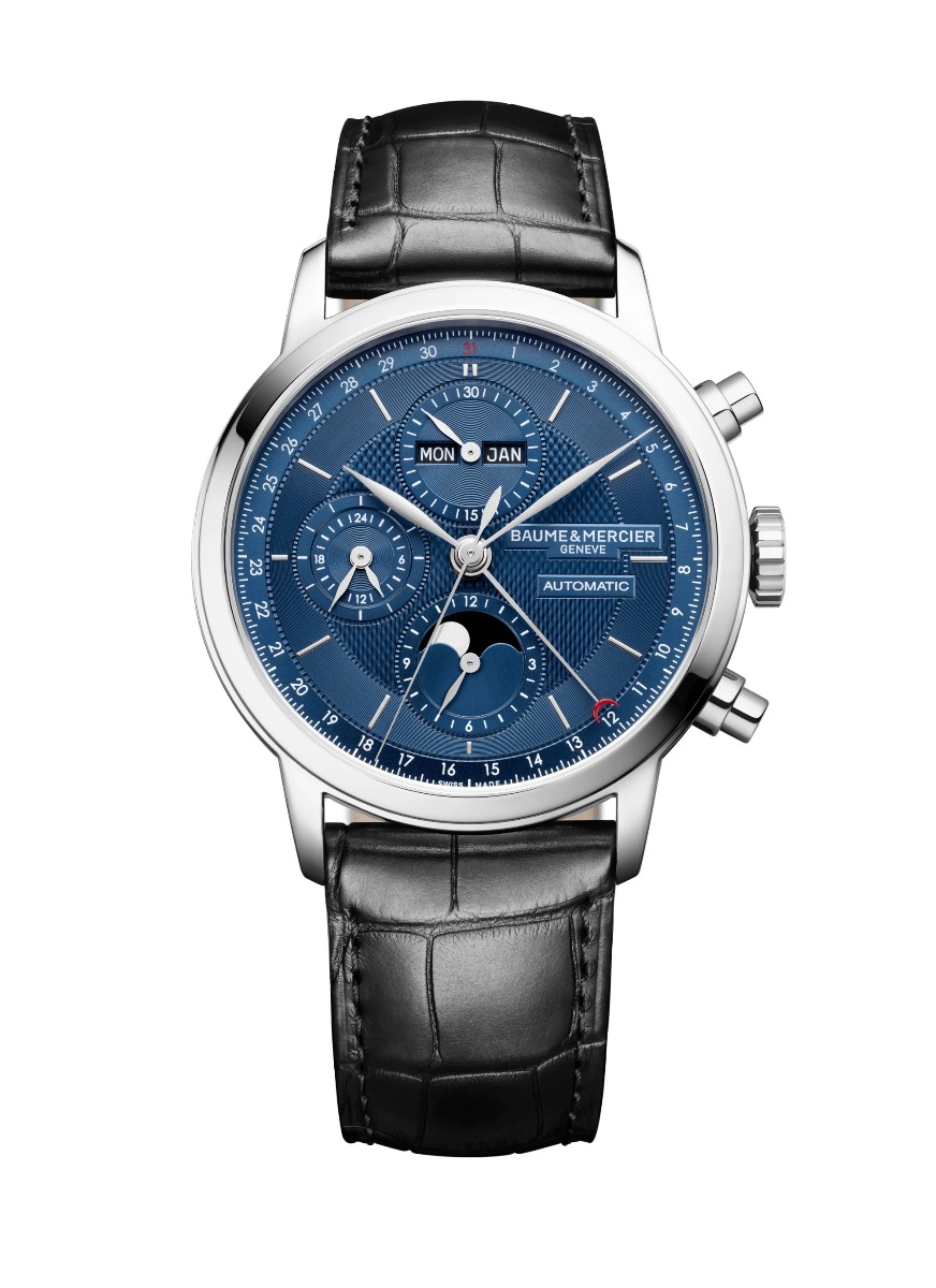 Baume \u0026 Mercier Classima Chrono Calendario Completo / orologio uomo /  quadrante blu con decoro guilloché grain d'orge / cassa acciaio / cinturino  pelle nera