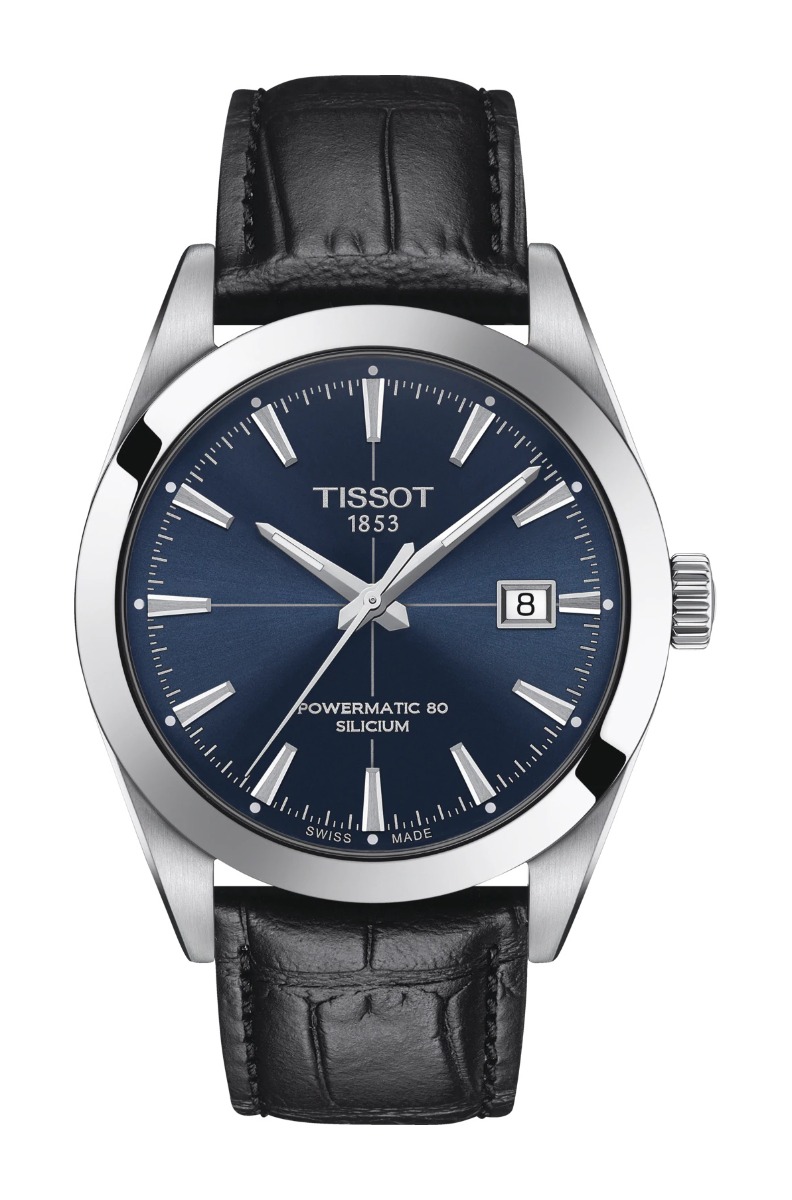Tissot Gentleman Automatic Powermatic 80 Silicium / orologio uomo /  quadrante blu / cassa acciaio / cinturino pelle effetto alligatore nero