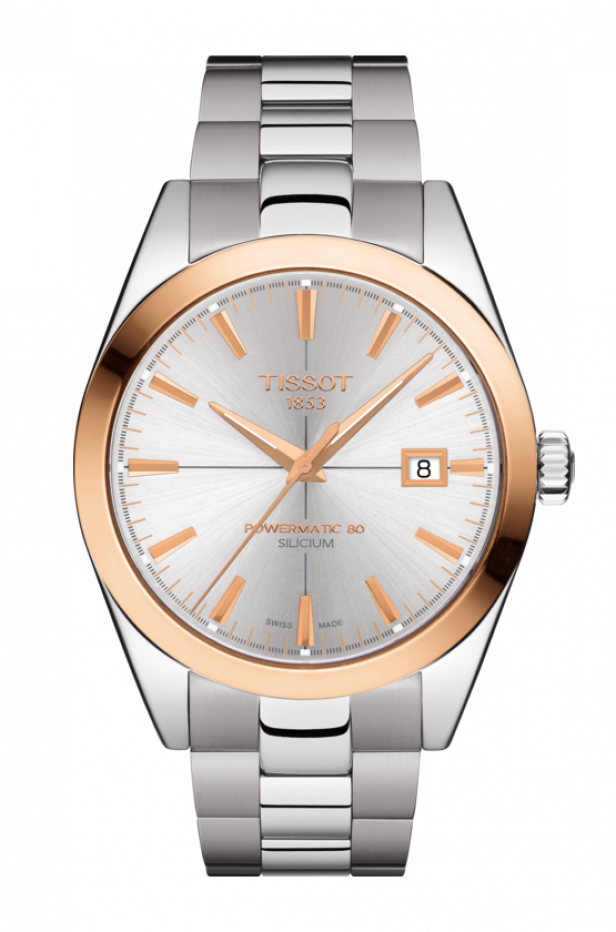 Tissot Gentleman Automatic Powermatic 80 Silicium / orologio uomo /  quadrante argentato / cassa acciaio e oro rosa / bracciale acciaio