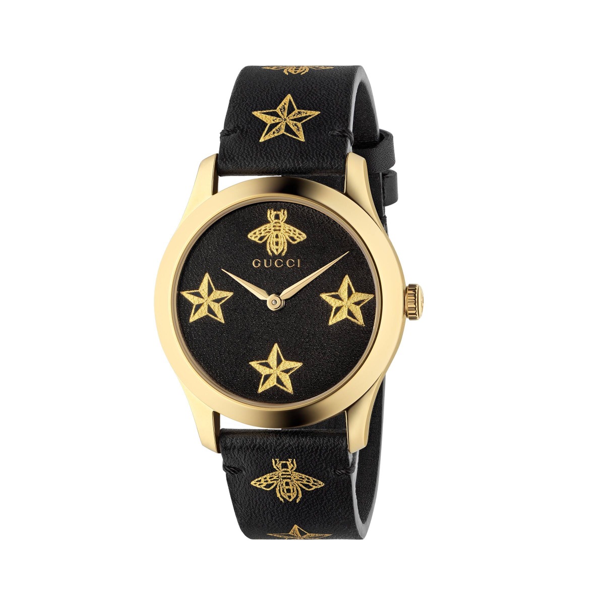 Gucci G-Timeless / orologio unisex / quadrante nero / cassa acciaio e PVD  dorato / cinturino pelle nera